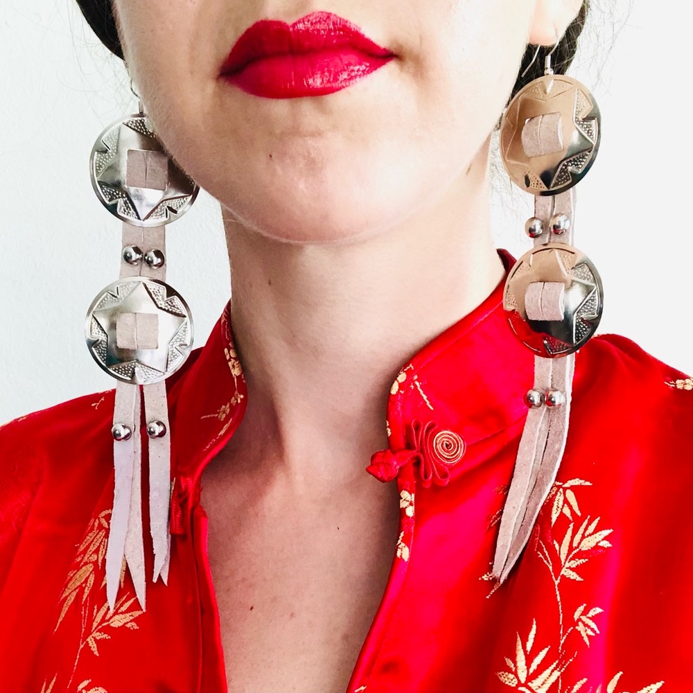 Handcrafted Off White Large Genuine Leather Western Silver Concho Earrings